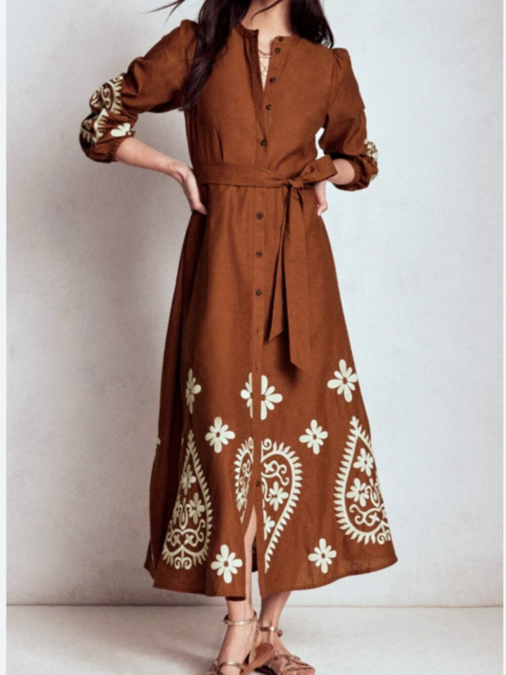 Boden Mae Linen Blend Shirt Dress in Russett